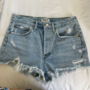 Agolde Distressed Light Blue High-Rise Denim Shorts